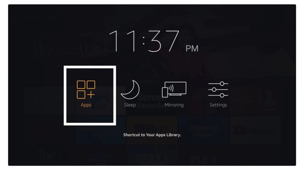 Fire TV home screen with the Apps shortcut highlighted