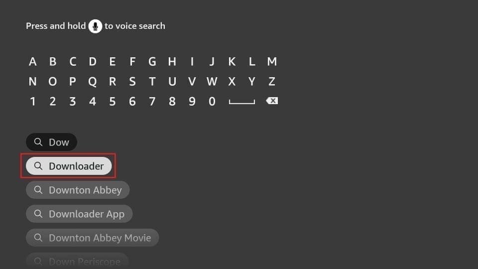Fire TV search results showing the Downloader application as the first suggestion