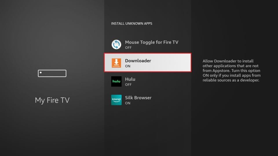 Fire TV Install Unknown Apps menu with Downloader switched on
