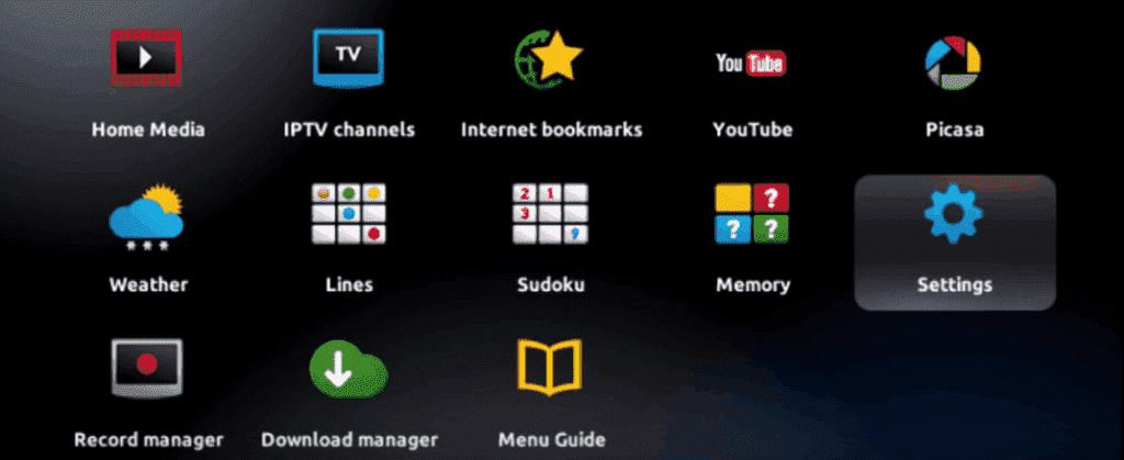 MAG set-top box home screen with the Settings tile highlighted