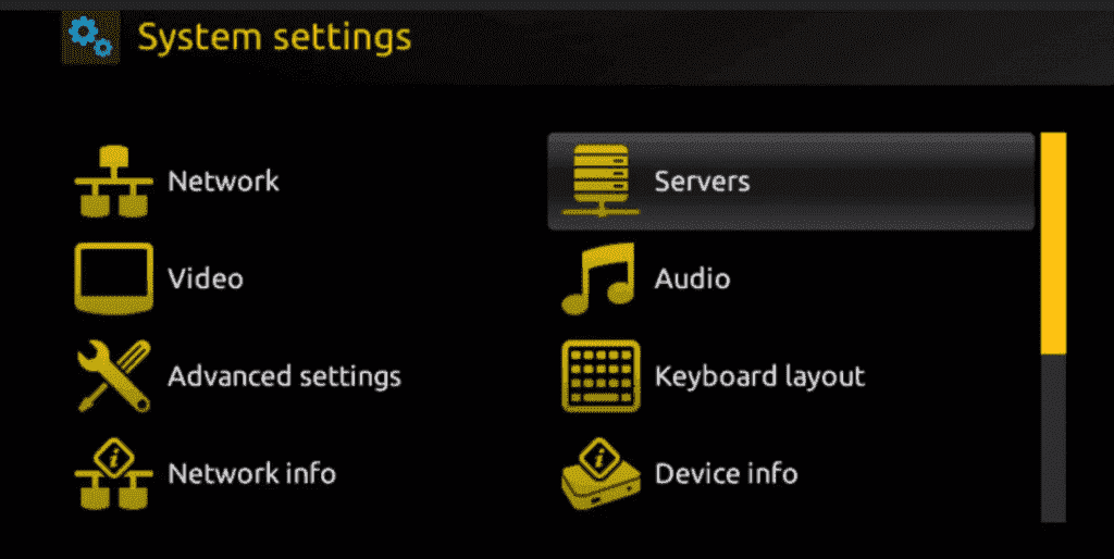 MAG system settings menu with the Servers option highlighted