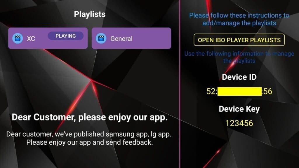IBO Player on a smart TV showing saved playlists alongside the Device ID and Device Key