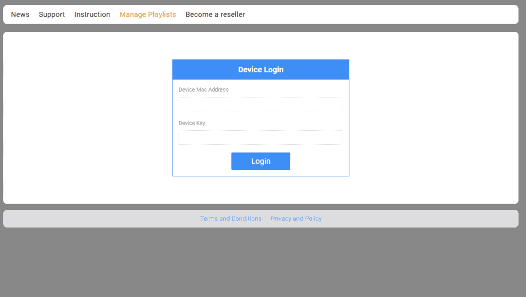 IBO Player web portal device login form asking for Device MAC Address and Device Key