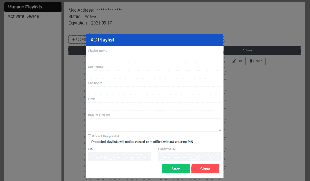 IBO Player portal XC playlist form with playlist name, username, password and host fields